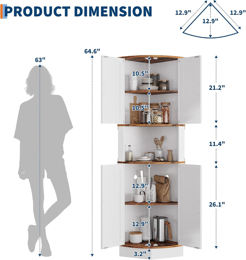 64.6' Farmhouse Corner Cabinet with LED Light, Tall Bathroom Cabinet with 4 Barn Doors and 5 Tier Shelves, Freestanding Corner Bar Cabinet with USB Ports & Outlets for Living Room, Kitchen, Bar, Brown