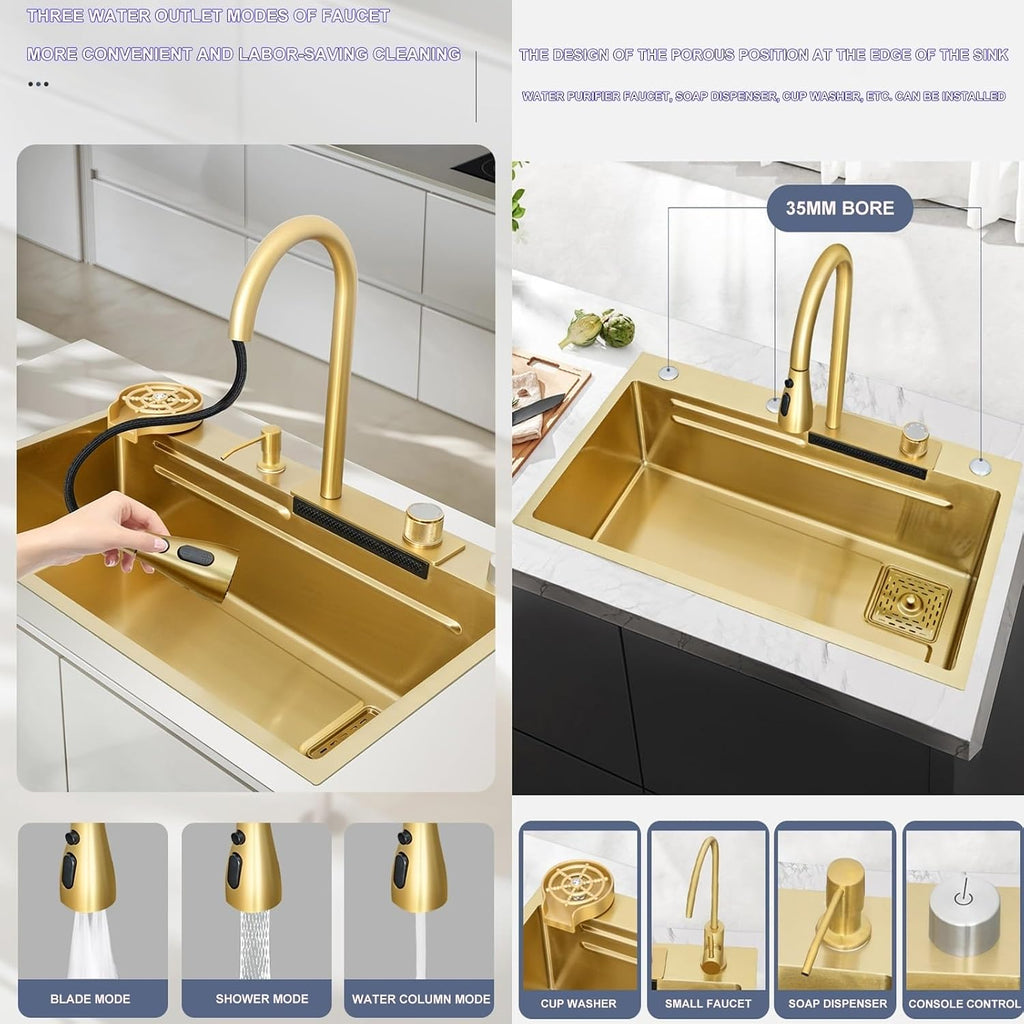 Waterfall Kitchen Sink Workstation Nanometer Waterfall Topmount Sink Stainless Steel Bar Sink Multifunction Single Bowl Kitchen Sink with Faucet Combo & Dra(Gold-75x45x22cm