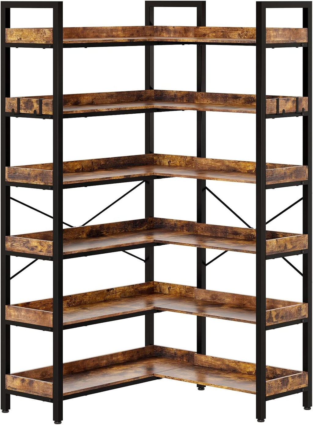 KOUSEI 6-Tier L-Shaped Reversible Corner Bookshelf, 69' Rustic Brown Industrial Wood & Metal Bookcase, Wide Open Shelves + 4 Hooks for Living Room/Bedroom/Home Office