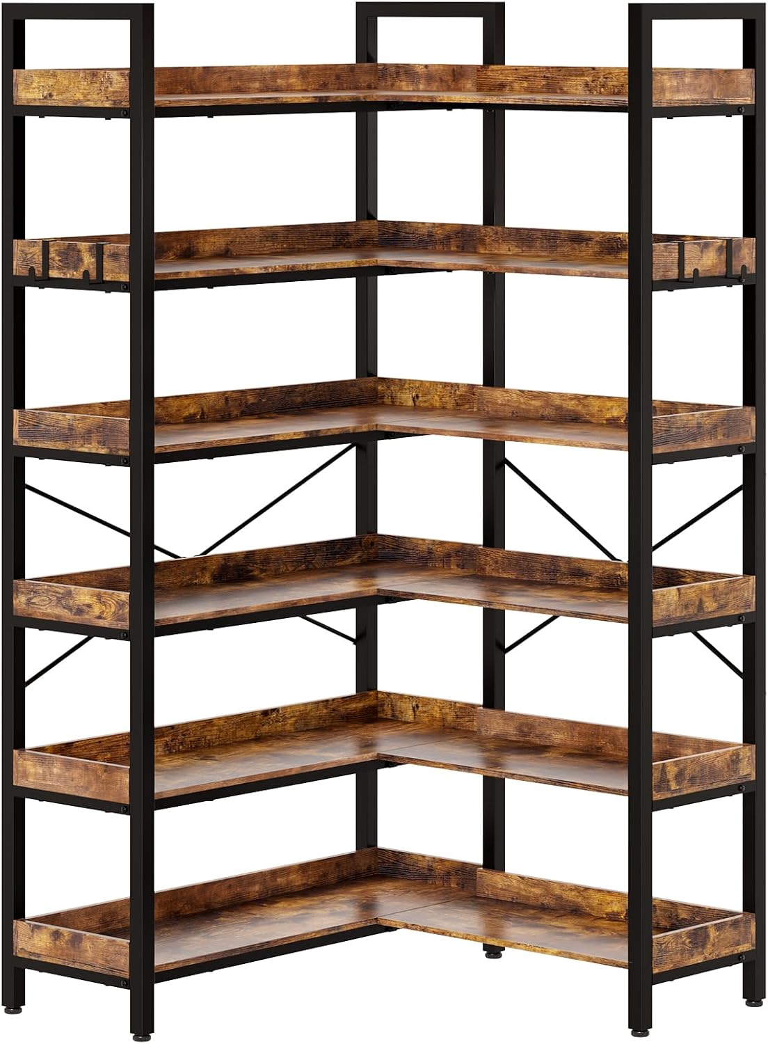 KOUSEI 6-Tier L-Shaped Reversible Corner Bookshelf, 69' Rustic Brown Industrial Wood & Metal Bookcase, Wide Open Shelves + 4 Hooks for Living Room/Bedroom/Home Office