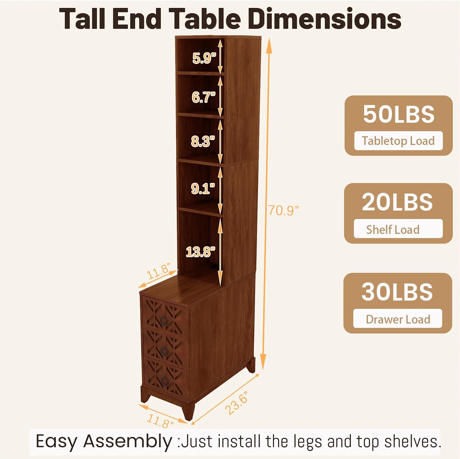 Wood Tall Nightstand with Charging Station, 70.9' Tall End Table with 3 Storage Drawers and 4 Open Shelves, Narrow Slim Sofa Side Table for Small Spaces, Living Room, Bedroom,Corner, Walnut