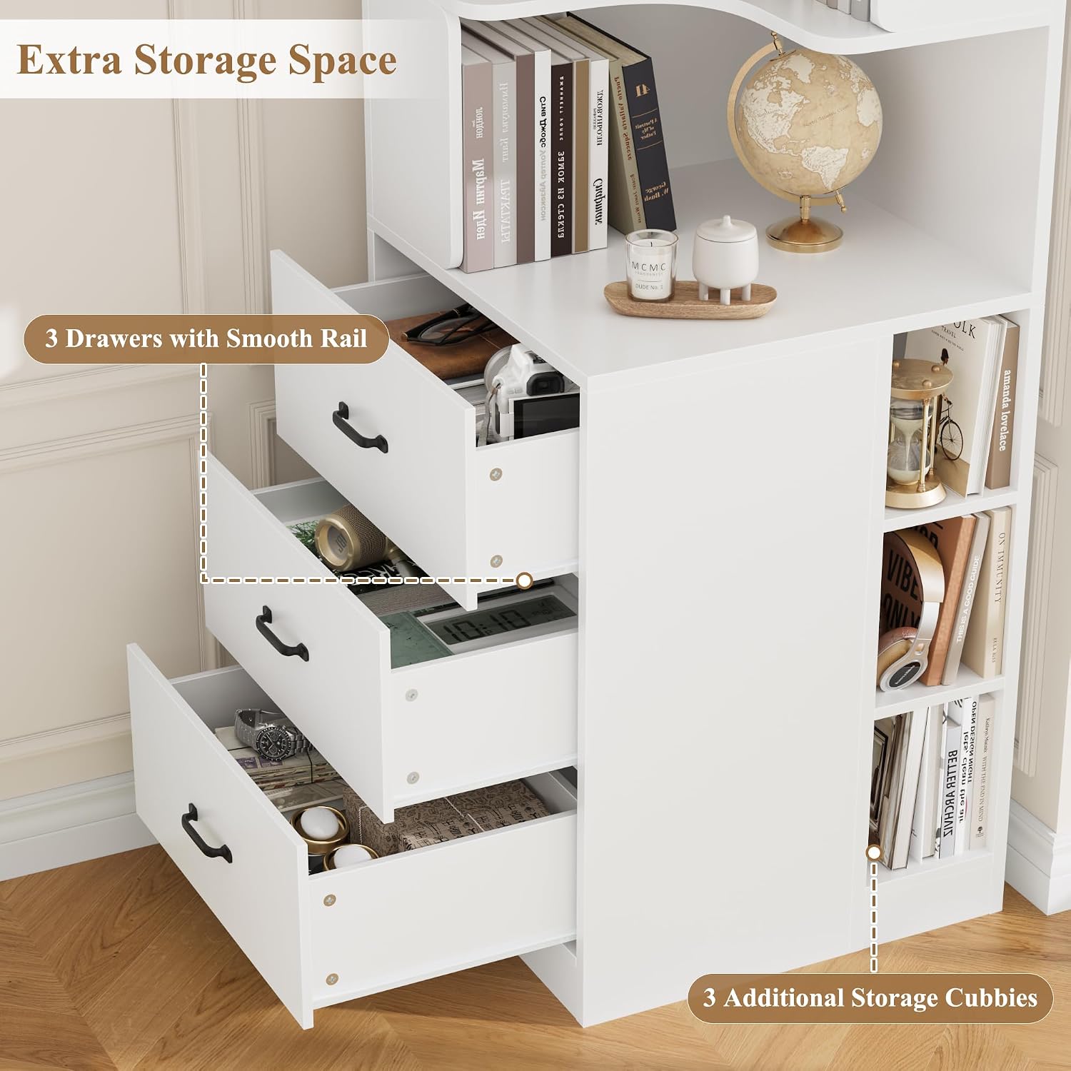 FACBOTALL 76.8' Corner Bookshelf with 3 Drawers and 3 Side Storage Cubbies, L Shaped Tall Bookshelf and Bookcase, 4 Tier Corner Bookcase, Wood Narrow Book Shelf for Living Room, Office, White