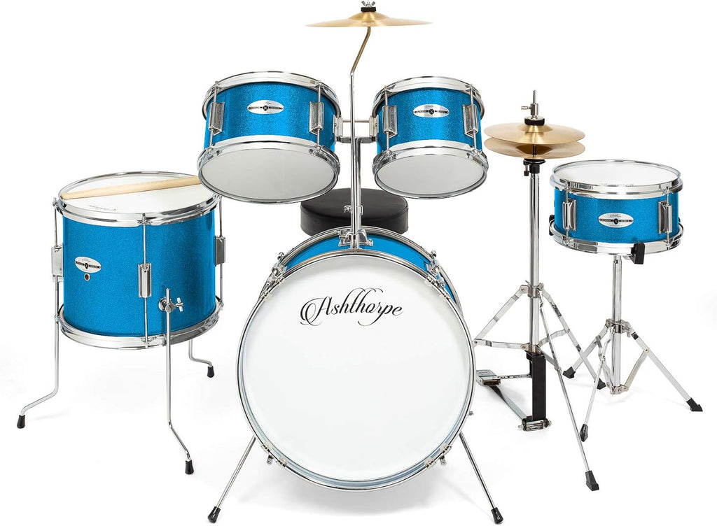 Ashthorpe 5-Piece Complete Junior Drum Set with Genuine Brass Cymbals - Advanced Beginner Kit with 16' Bass, Adjustable Throne, Cymbals, Hi-Hats, Pedals & Drumsticks - Blue
