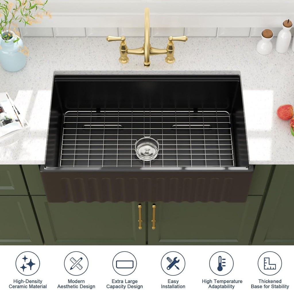 Lordear 33 Black Farmhouse Sink Workstation Porcelain Farm Kitchen Sinks Matte Black Single Bowl Basin 33x20x10 Inch Large Bowl Sink