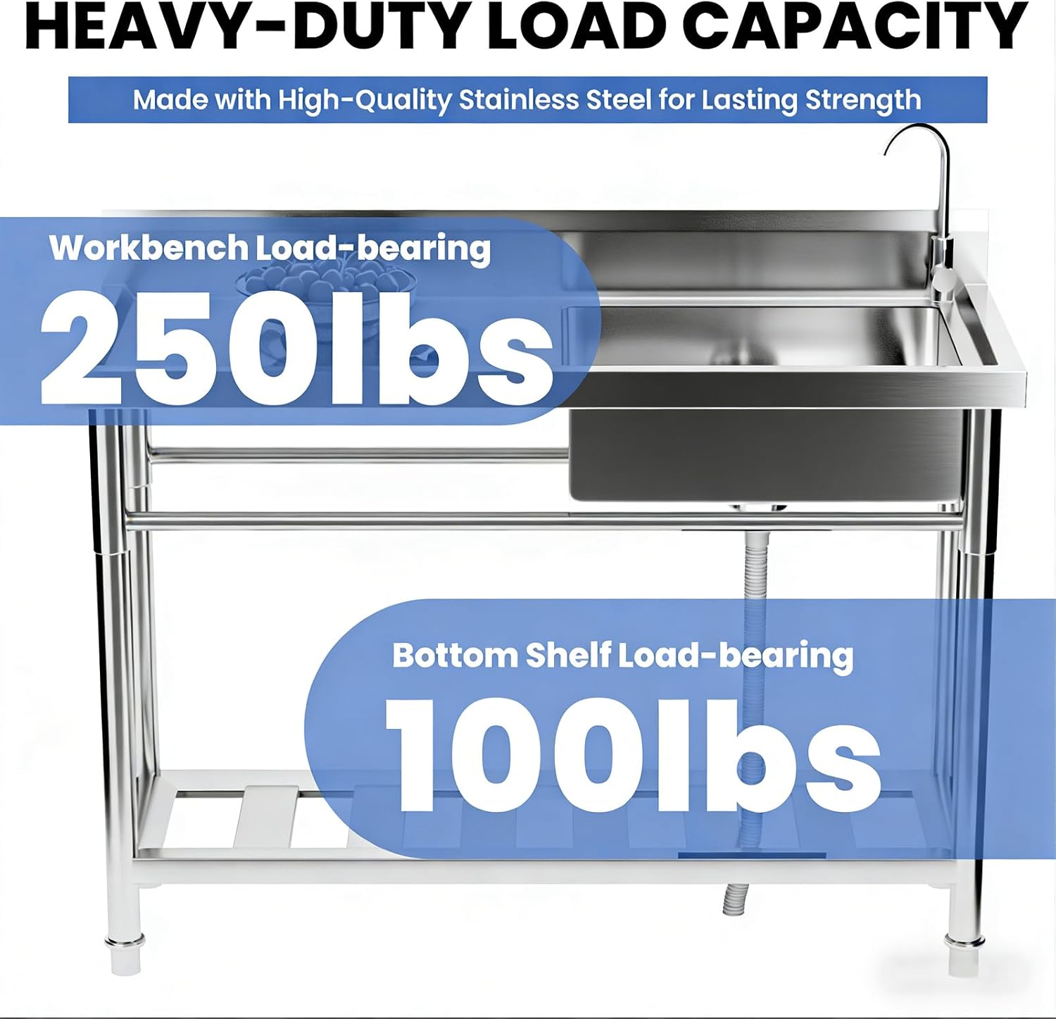 Stainless Steel Utility Sink, 47.3'x18.5'x37'Free Standing Single Bowl Commercial Kitchen Sink with Faucet, NSF - Basin Workbench with Hot & Cold Water Pipe for Garage Restaurant Laundry