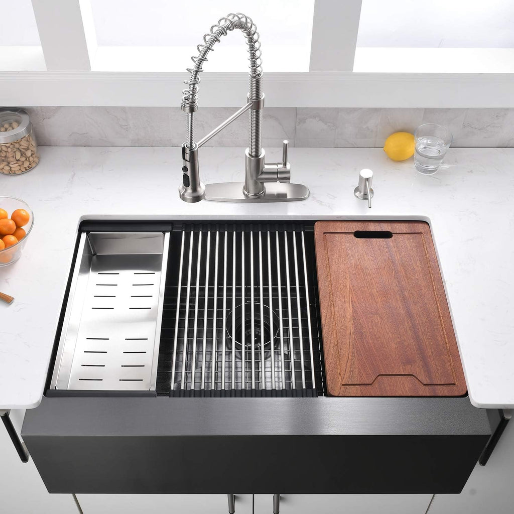 33 Inch Black Farmhouse Kitchen Sink - VOKIM 33x22 inch Flat Apron Front Farmhouse sink Workstation 16 Gauge Stainless Steel Single Bowl Farm Kitchen Sink