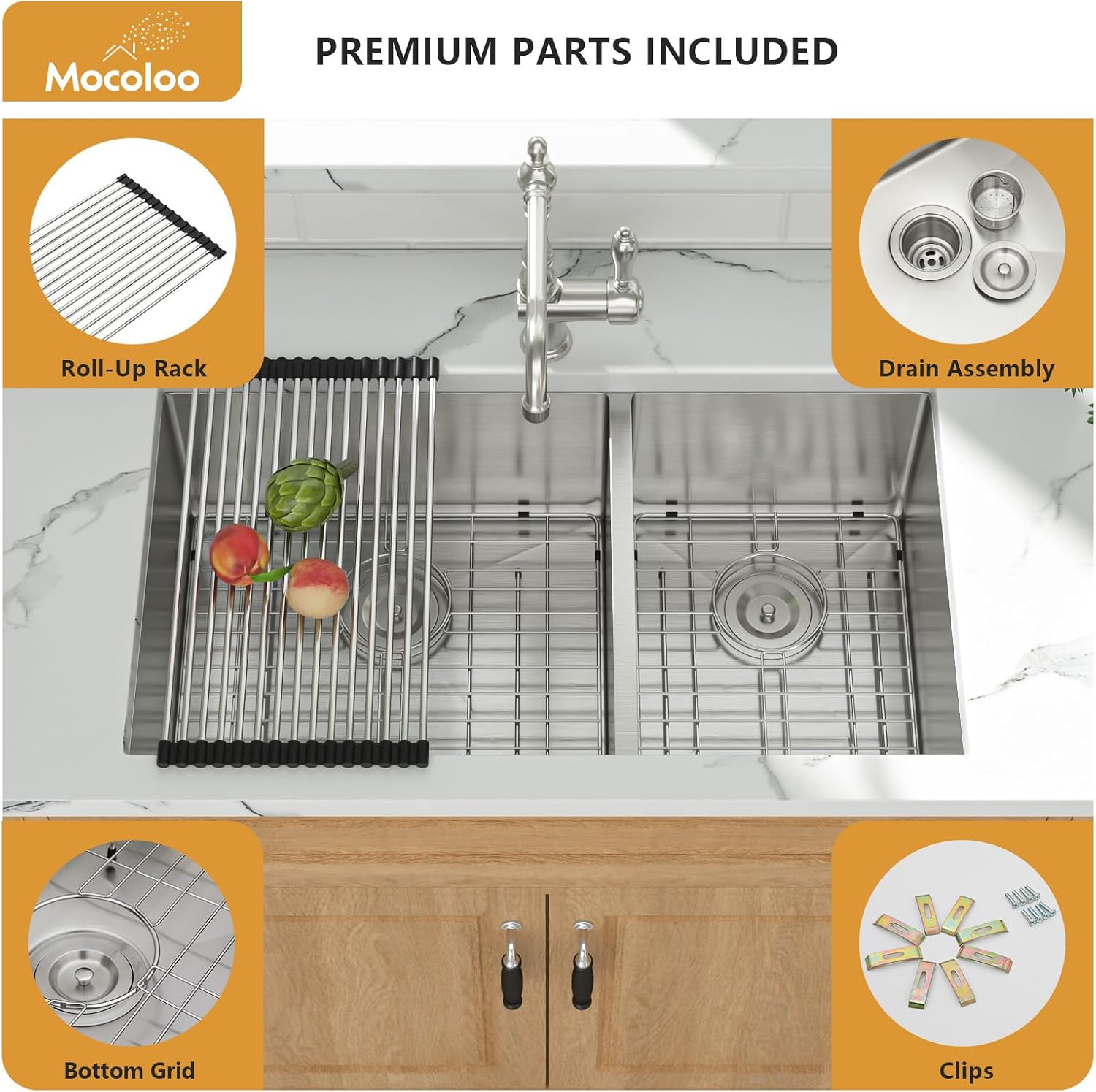 Mocoloo 33 Inch Undermount Kitchen Sink Double Bowl - 60/40 Stainless Steel Double Bowl Under Counter 16 Gauge Kitchen Sinks Handmade, 33x19x10 Inch