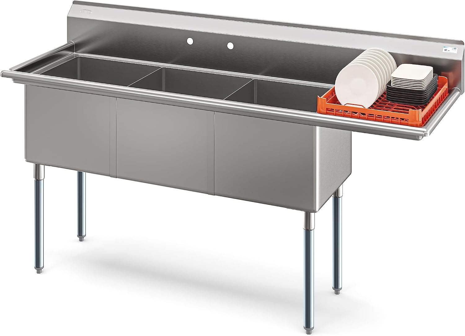 KoolMore 75 in. Three Compartment 18-Gauge Stainless-Steel NSF Commercial Kitchen Sink, Bowl Size 18x18x14, with Three Basins and Pre-Drilled Faucet Holes with a Right Drainboard (KM-SC181814-18R3)