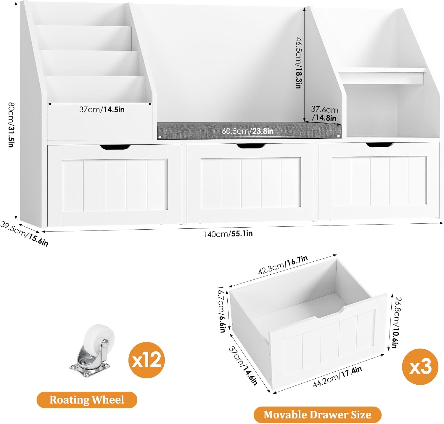 FOTOSOK 55.1'' Kids Bookshelf with Reading Nook, Toy Storage Organizer with Seat Cushion and 3 Movable Drawers, Kids Reading Nook Toy Organizers and Storage with Bench for Playroom, Bedroom, White