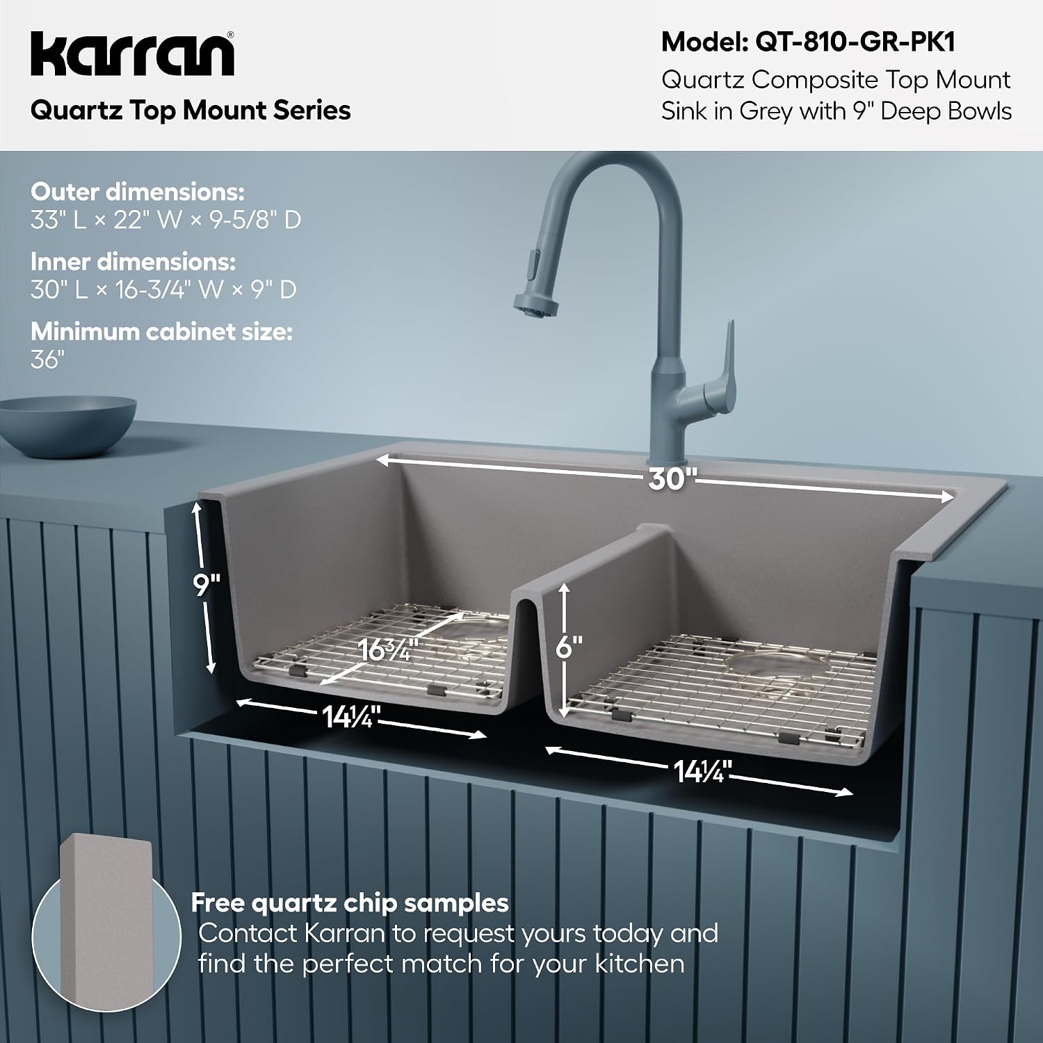 Karran QT-810 33' Top Mount Double Equal Bowl Quartz Kitchen Sink Kit in Grey