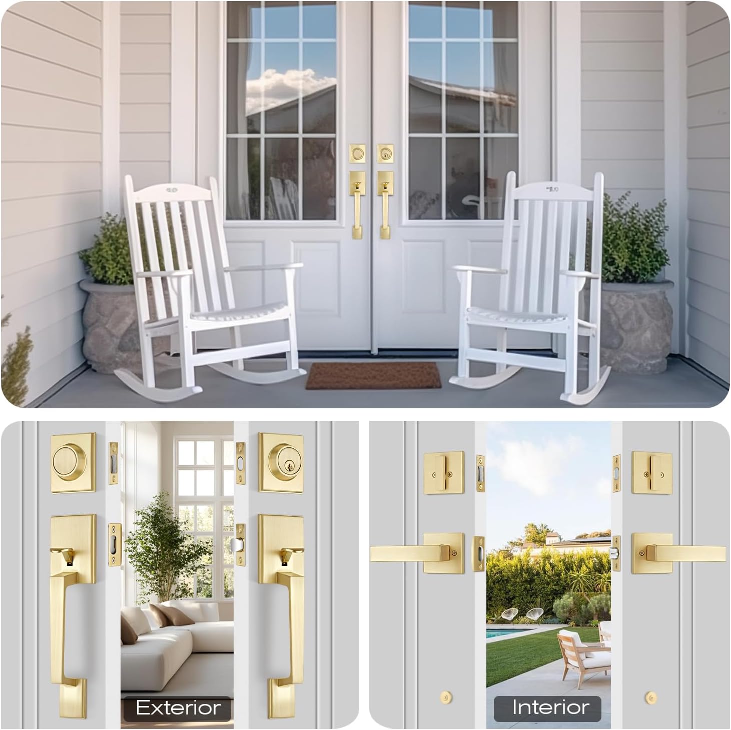 EHOMEWARE Brass Double Front Door Handle Set, Gold Heavy Duty Square Door Lever and Single Cylinder Deadbolt Combo for Side by Side Entrance Exterior Doors, Satin Brass Finish