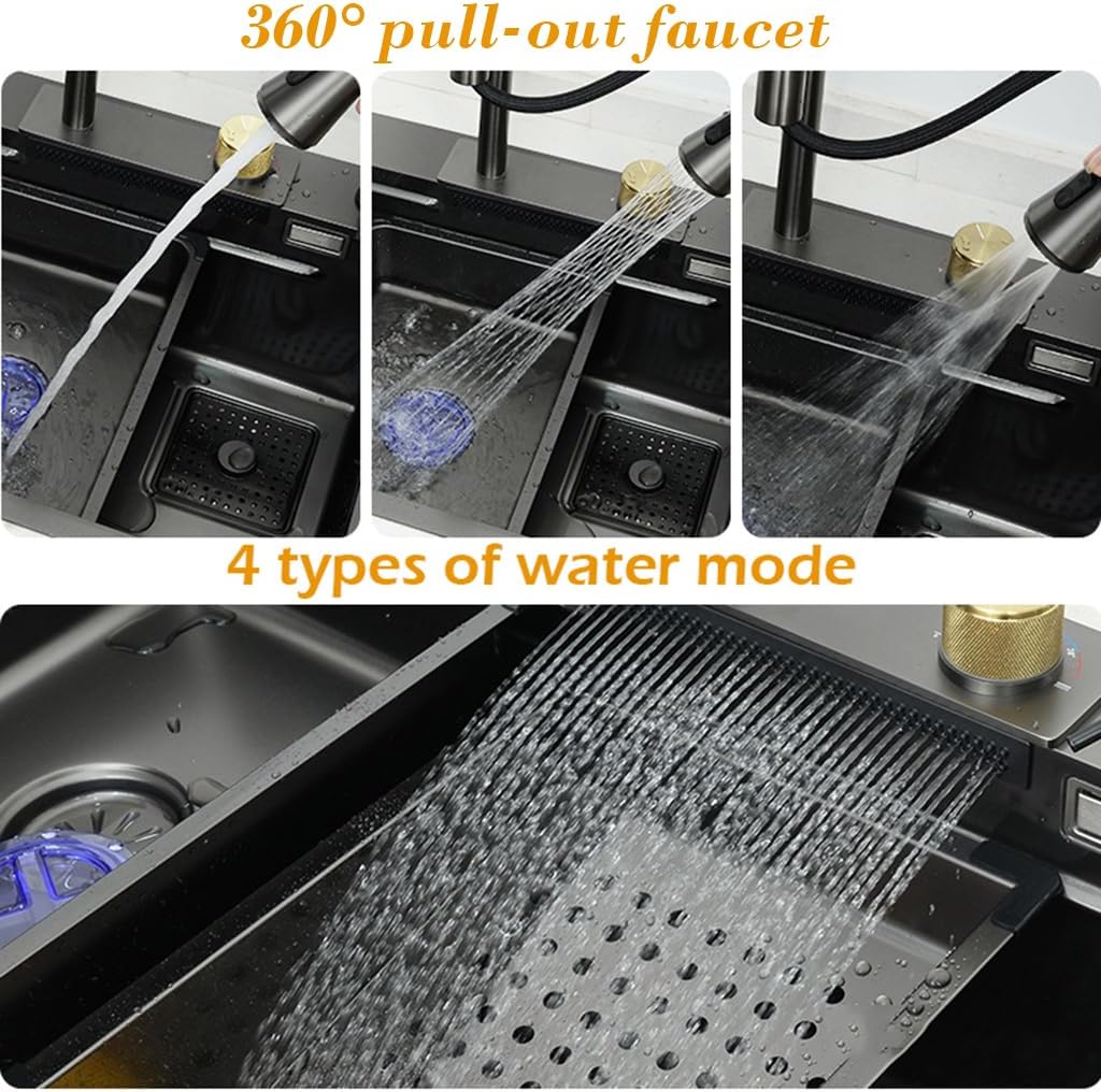 Black Stainless Steel Waterfall Sink Single Bowl Kitchen Sink with Faucet and Cup Rinser, Deep Bar Sink Drop-In/Undermount Farmhouse Workstation Sink with Accessories (29.5x17.7in)