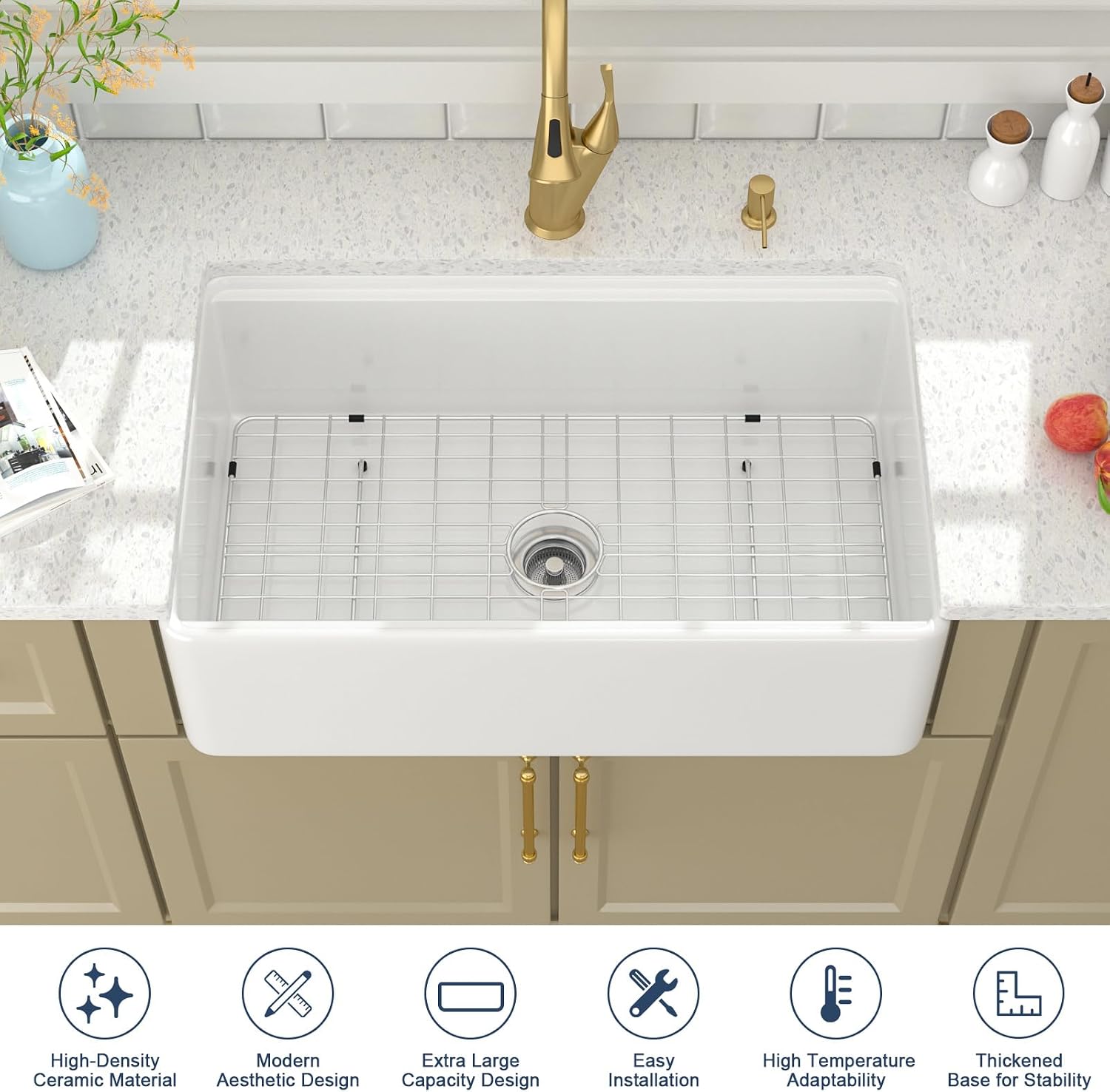 Lordear 33 Inch White Farmhouse Sink Workstation Apron Front Reversible Fireclay Porcelain Single Bowl Farmer Farm House Style Sinks 33x20x10