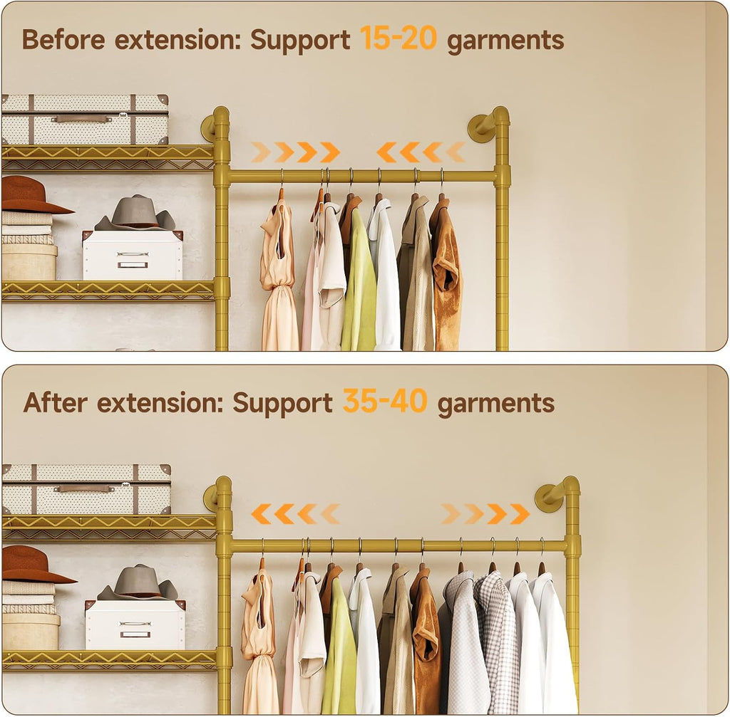 ONBRILL L3 Wall Mounted Industrial Pipe Closet System, Corner Closet Organizers with 4 Telescopic Rods & 6 Shelves, Heavy Duty Clothing Clothes Rack in Wardrobe Closet (Gold)