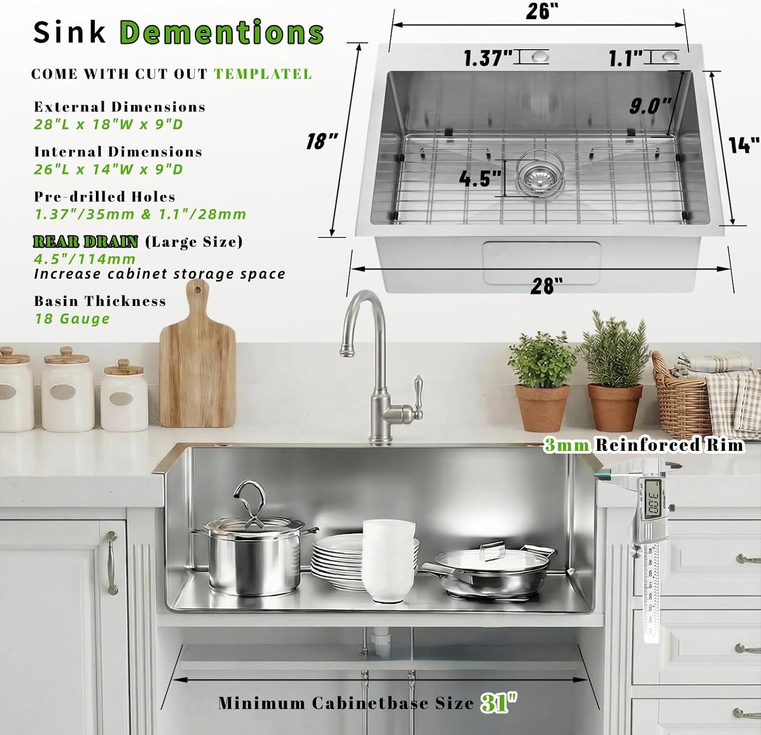 Drop In Kitchen Sink 28x18', 9' Basin Depth, 18 Gauge Stainless Steel Sink, 3D Embossed Surface Finish Top Mount with Accessories