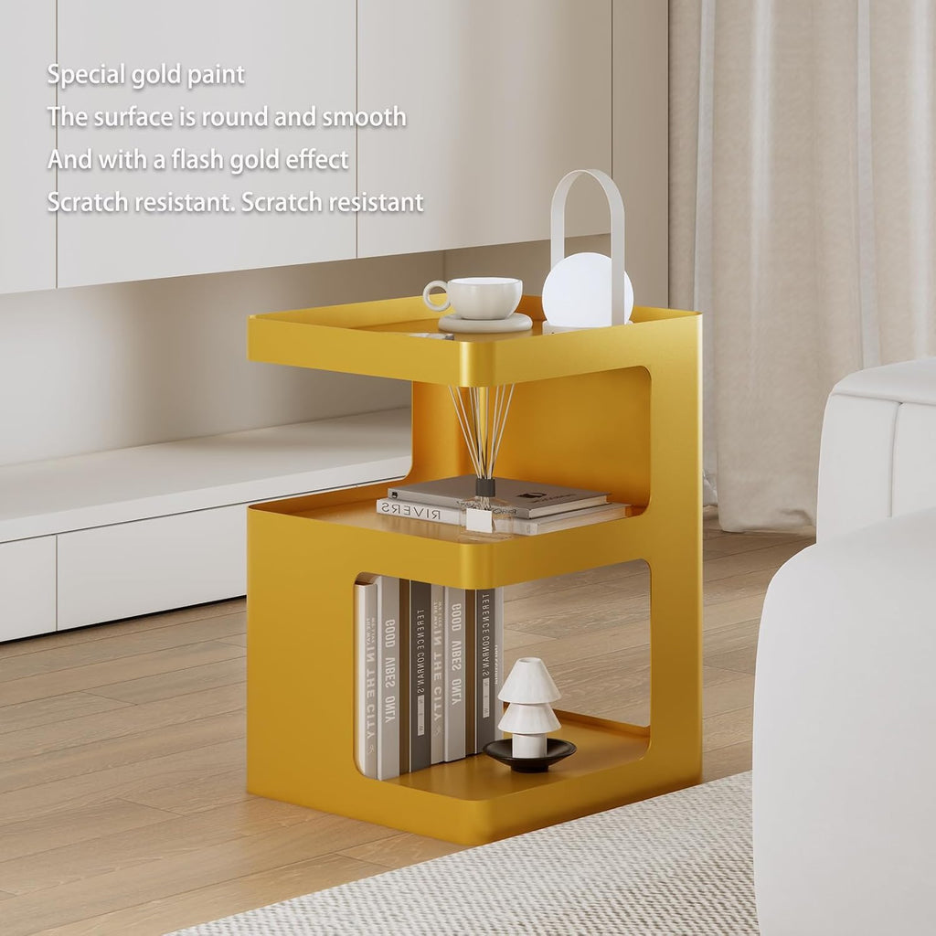 Gold Side Table,Modern end Table with Storage,Unique nightstand,Metal Small Bedside Table,3-Tier Accent Table for Bedroom,Living Room,Small Space,Couch.No Assembly Required