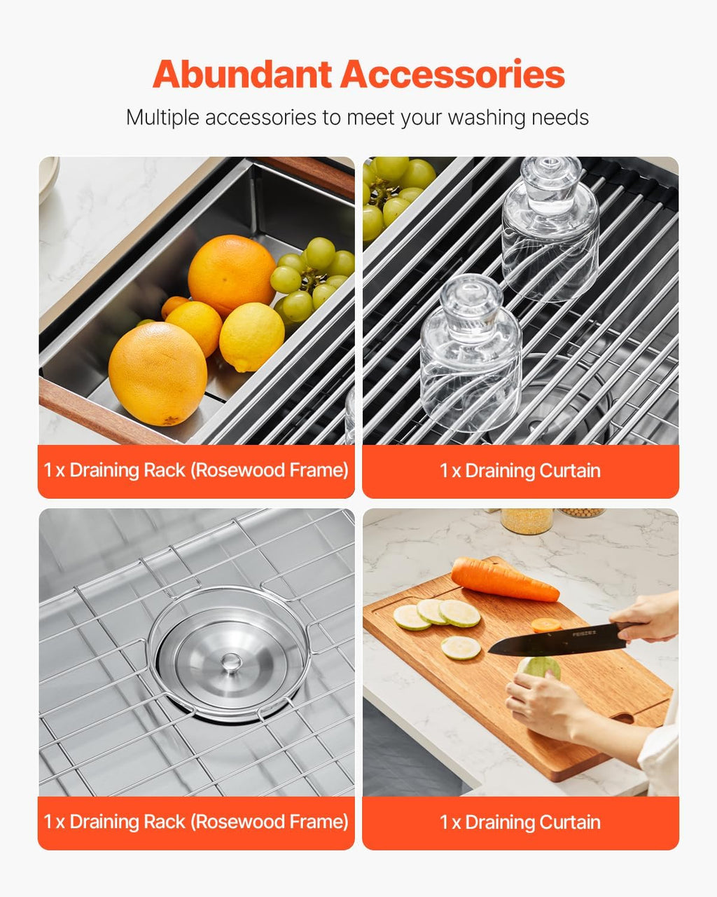 VEVOR 23 inch Kitchen Single Sink, 304 Stainless Steel Undermount Sink Drop-In Single Bowl Farmhouse Basin with Ledge & Multiple Accessories, Household Dishwasher Sinks for Prep Kitchen, Bar 23'*19'