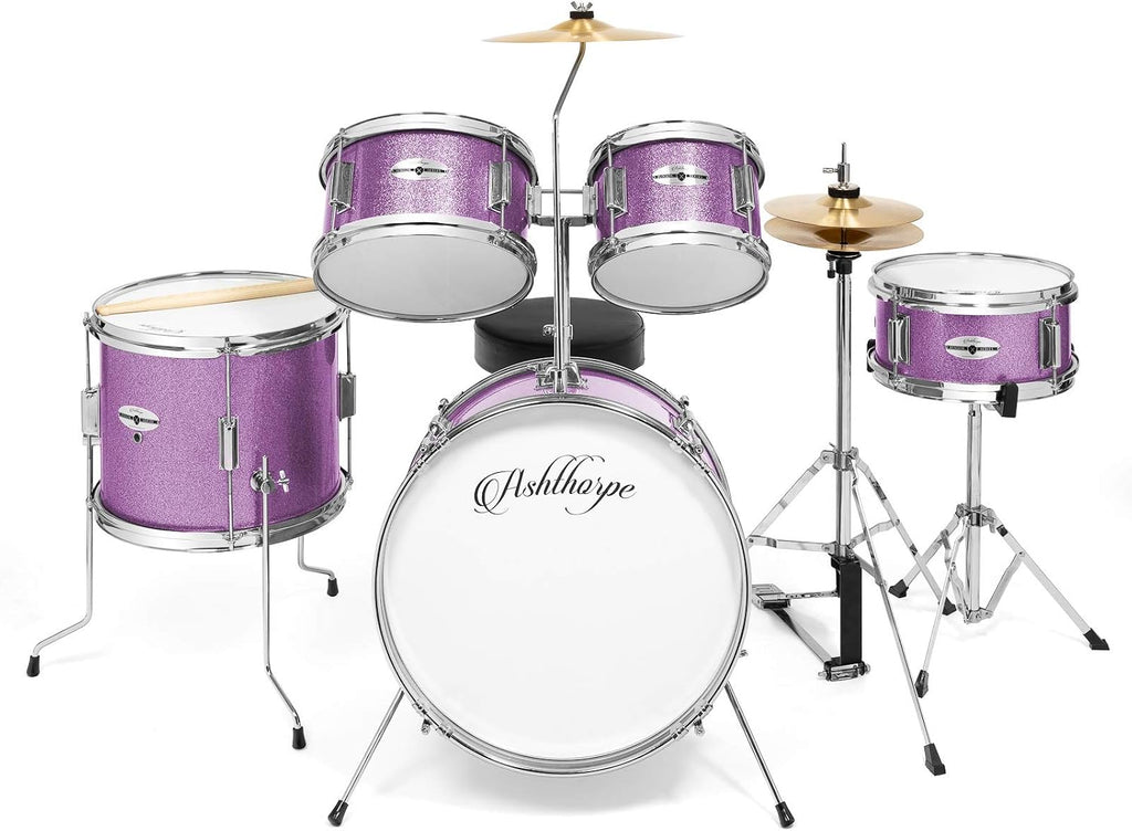 Ashthorpe 5-Piece Complete Junior Drum Set with Genuine Brass Cymbals - Advanced Beginner Kit with 16' Bass, Adjustable Throne, Cymbals, Hi-Hats, Pedals & Drumsticks - Purple