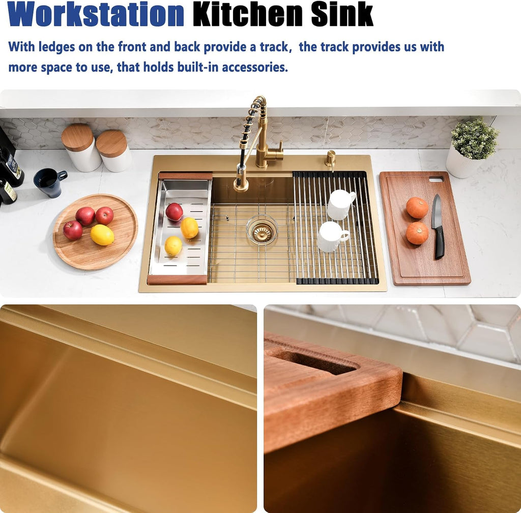 33x19 Inch Gold Drop In Kitchen Sink with Faucet - Brushed Finish Stainless Steel Single Bowl Workstation Sinks, Includes Accessories Set, Easy to Install for Home & Restaurant