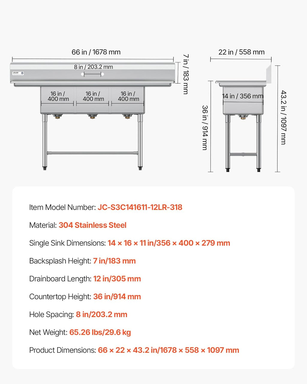 VEVOR 3 Compartment Sink, 18-Gauge 304 Stainless Steel, 14' x 16' x 11' Bowl Size, 3 Bay Commercial Kitchen Prep & Utility Sink with 2 Drainboards and Backsplash for Restaurant, Food Truck & Home Use