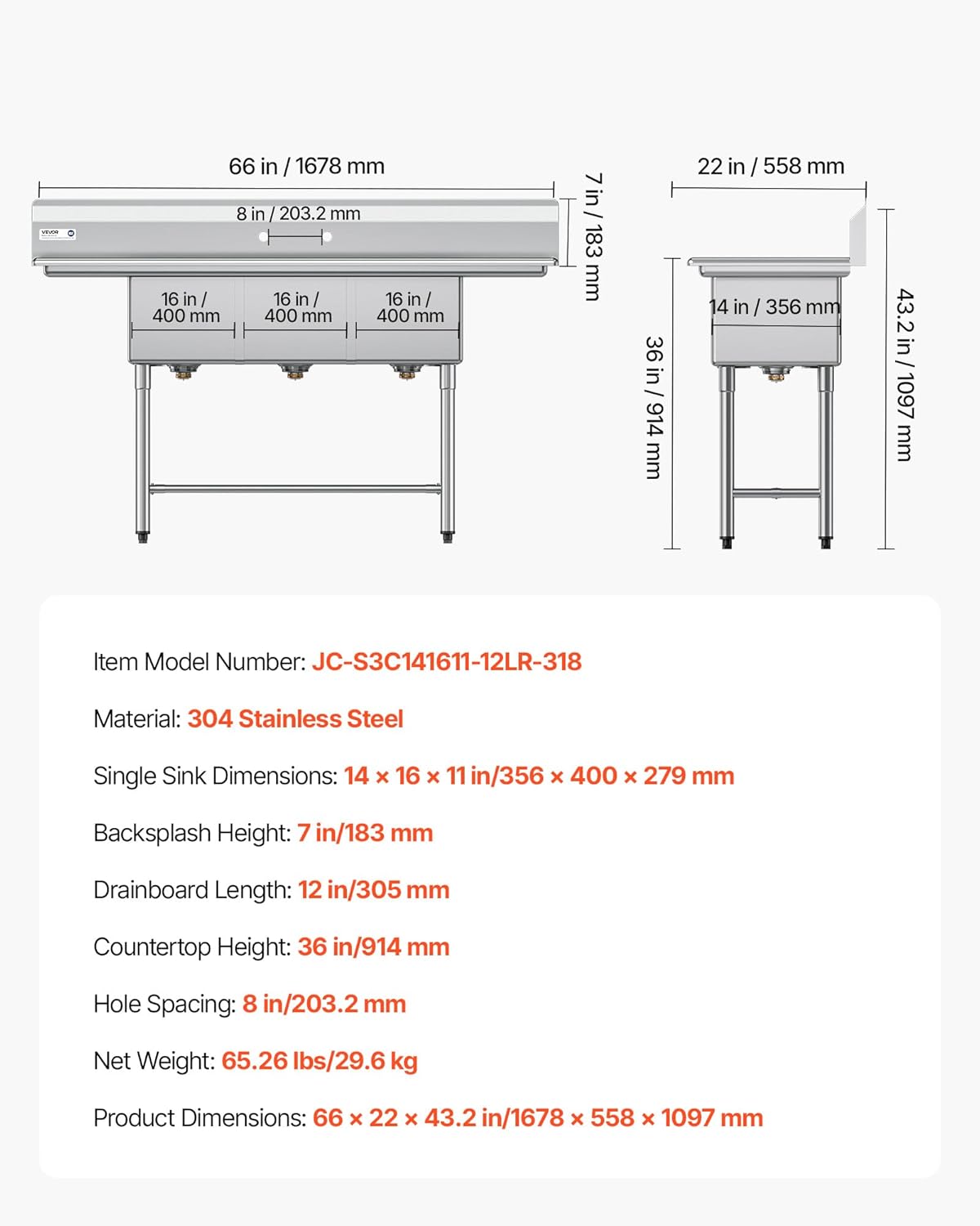 VEVOR 3 Compartment Sink, 18-Gauge 304 Stainless Steel, 14' x 16' x 11' Bowl Size, 3 Bay Commercial Kitchen Prep & Utility Sink with 2 Drainboards and Backsplash for Restaurant, Food Truck & Home Use