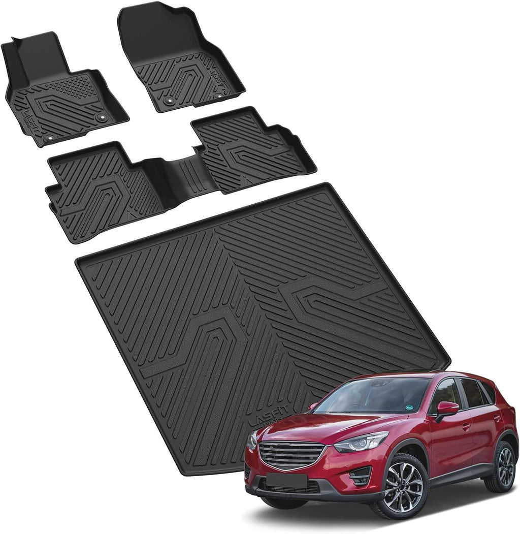 LASFIT Floor Mats & Cargo Trunk Mat for Mazda CX5 2013-2016 (Not fit Models Produced After 2016.5) Custom Fit TPE All Weather Full Set Automotive Car Liners Accessories, Black