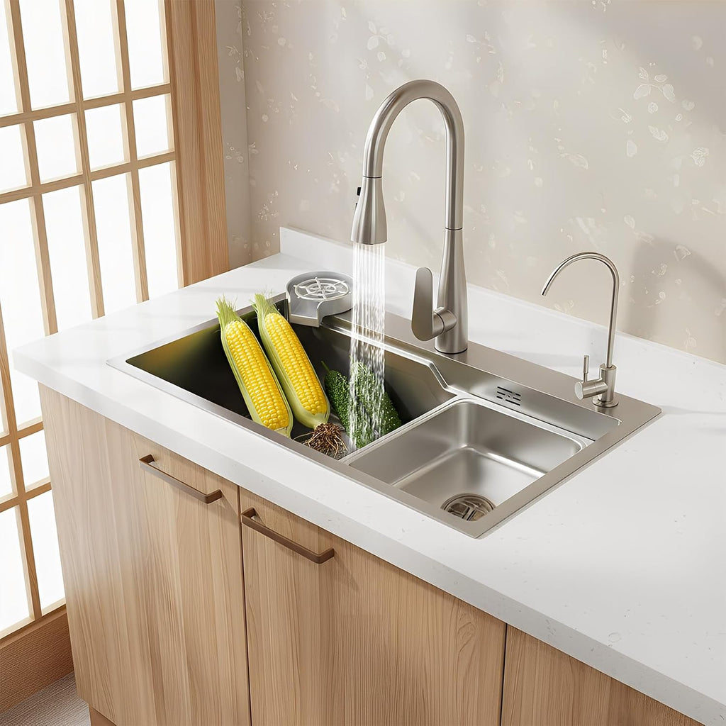 DYRABREST 29.5 Inch Stainless Steel Kitchen Sink Multi-Function Commercial Sink Set with Cutting Board & Basin-in-Basin, Drop-In/Undermount Install, Cup Rinser and Drainer for Restaurant Home (Silver)