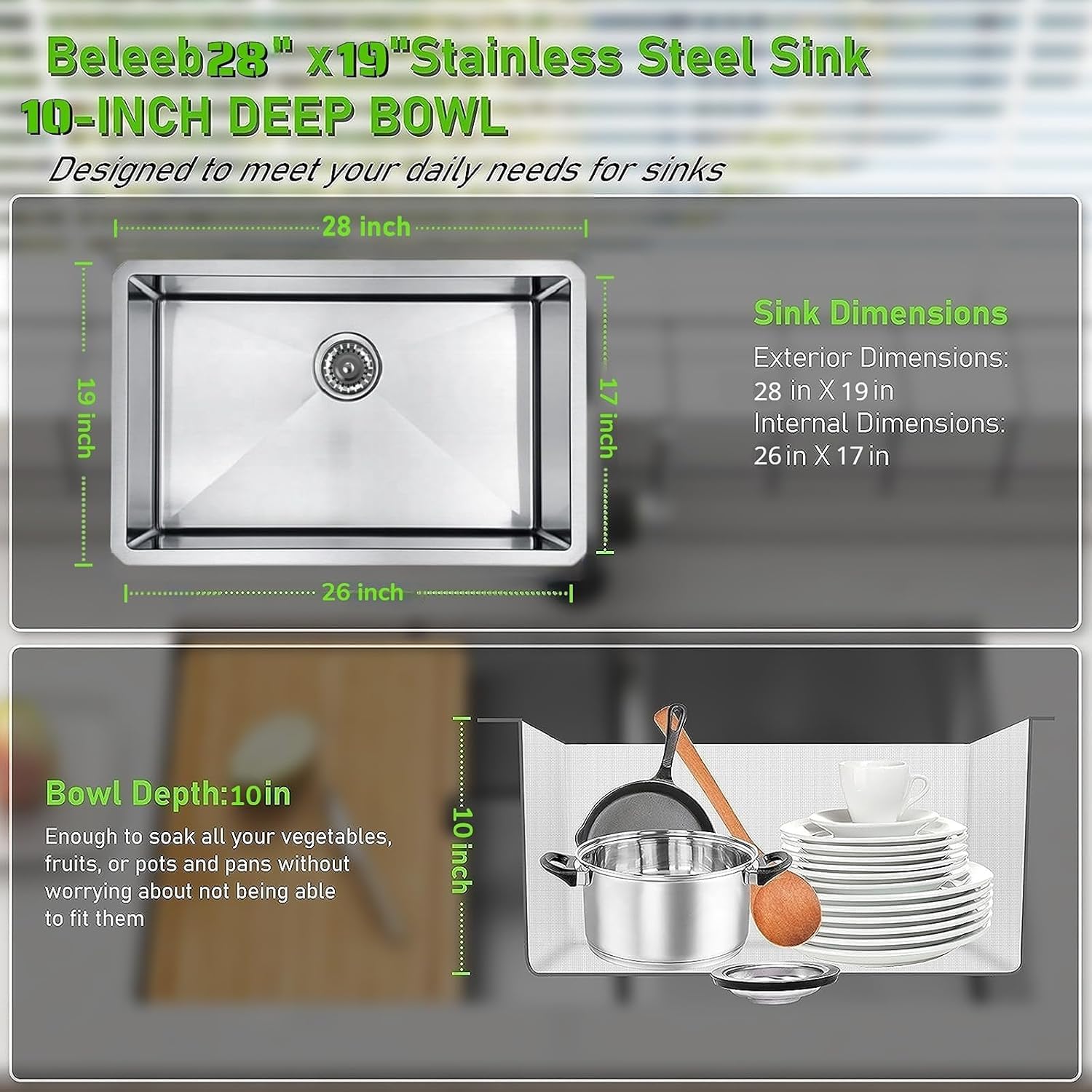 Undermount Kitchen Sink 28 x 19',3D Embossed Surface-18 Gauge 10' Deep Stainless Steel Single Bowl with Accessories