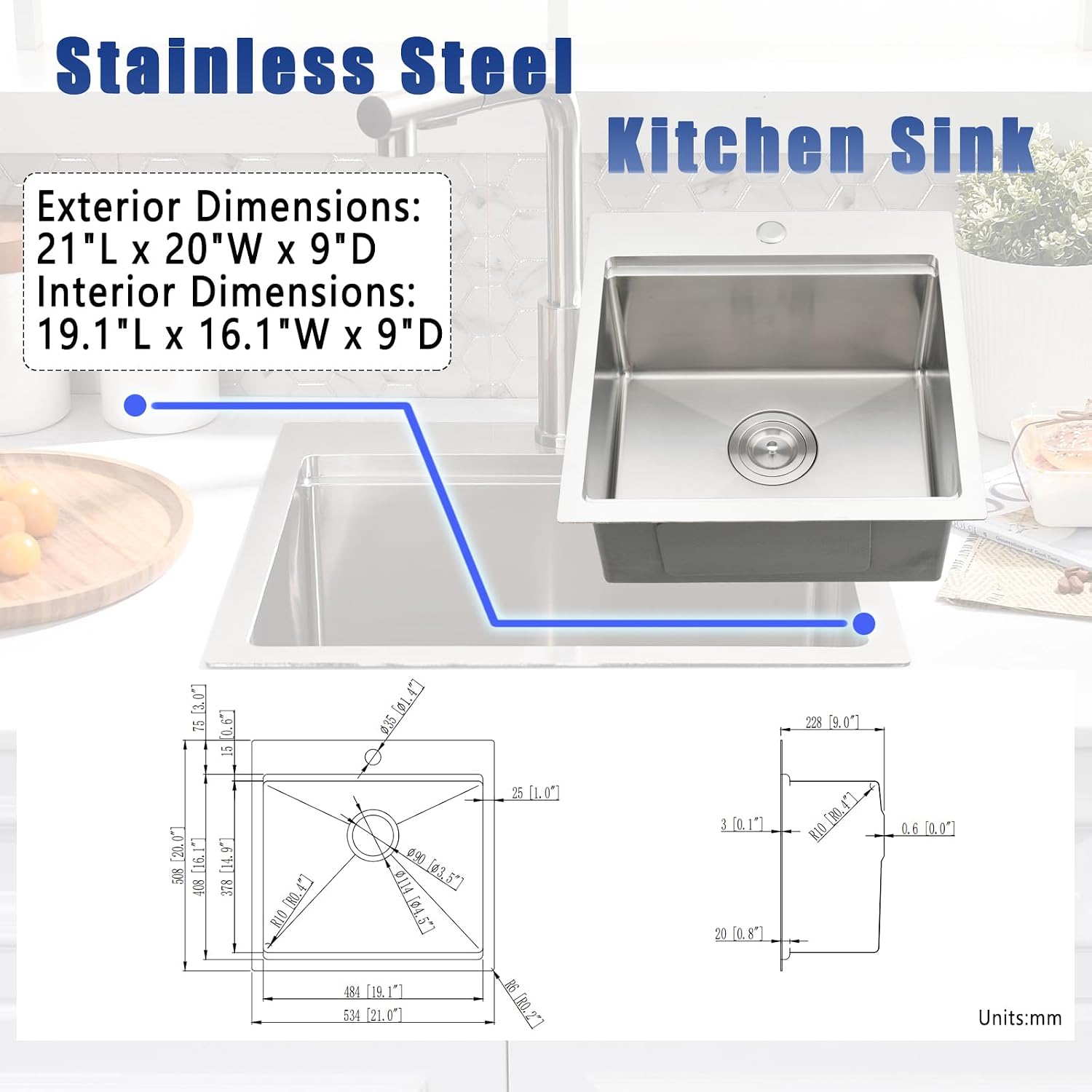 21x20 Drop In Bar Sink with Faucet - 21 Inch Small Stainless Steel Bar Sink Drop In and Faucet Combo, 9 Inch Deep Workstation Single Bowl Kitchen Sink with Accessories