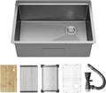 DeerValley Workstation Kitchen Sink 27 Inch, 18 Gauge Stainless Steel Single Bowl Sink, Handmade with Built-In Accessories, Ledge Design & Cutting Board