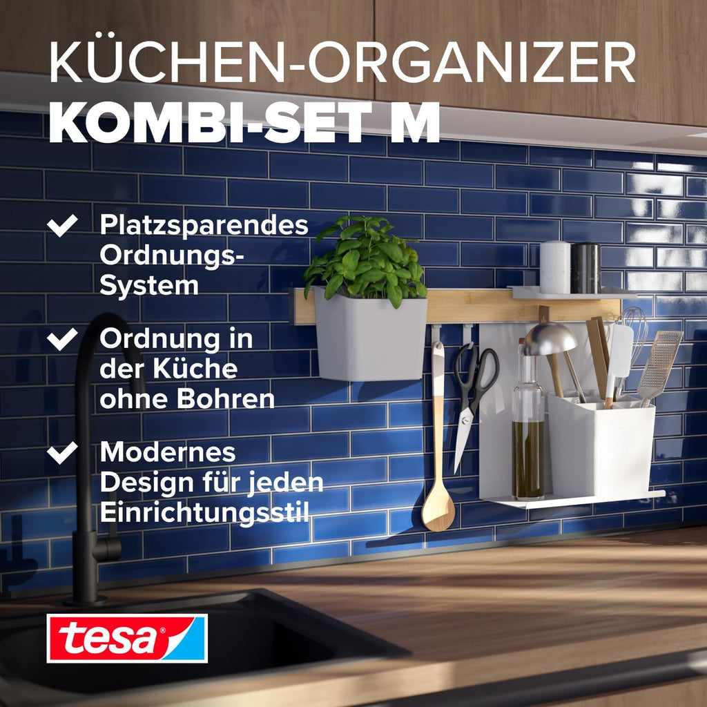 tesa Kitchen Organiser Combo Set M - Self-Adhesive Wall Mounted Kitchen Rail System with Herb Pot, 2 Shelves, Utensil Holder, 3 Hooks - Bamboo/White