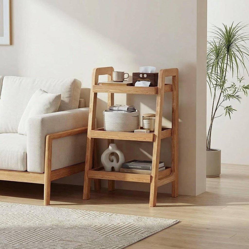 100% Solid Wood 3-Tiers Ladder Shelf, Small Bookcase, Ladder Bookshelf, End/Side Table for Living Room, Display Storage Open Shelf for Bedroom Kitchen Bathroom (Natural Color)