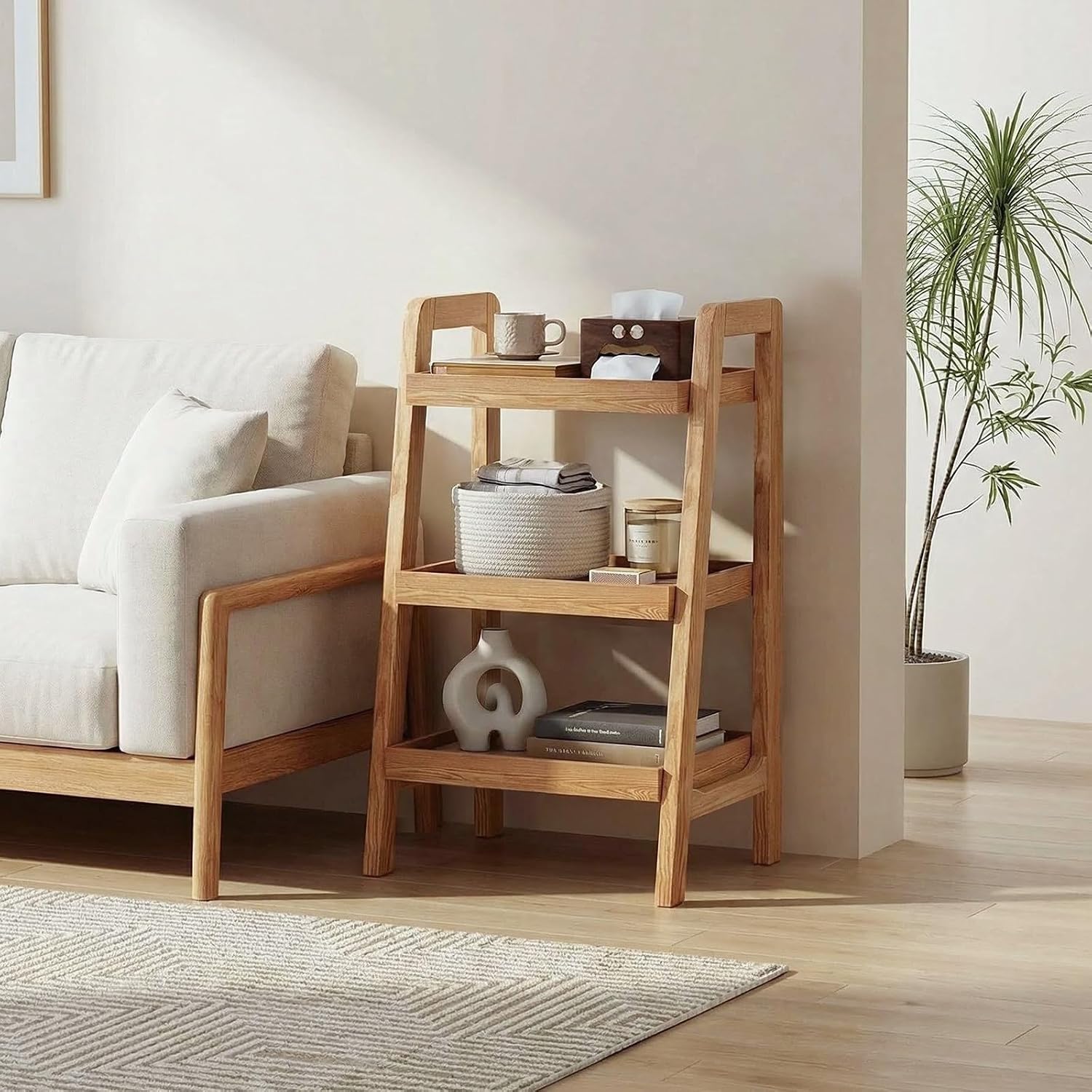 100% Solid Wood 3-Tiers Ladder Shelf, Small Bookcase, Ladder Bookshelf, End/Side Table for Living Room, Display Storage Open Shelf for Bedroom Kitchen Bathroom (Natural Color)