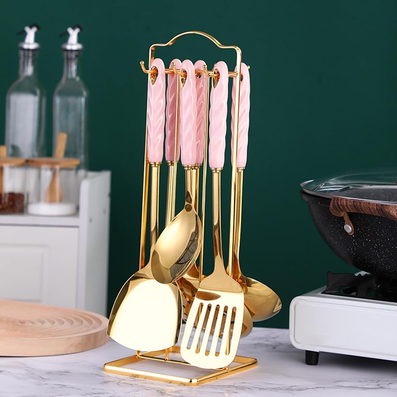 7 Pieces Ceramic Handle Stainless Steel Kitchenware Cooking Utensils Kitchen Utensils Set with Holder Include Slotted Spoon Slotted Spatula Large Spoon Soup L,Pink-One Size