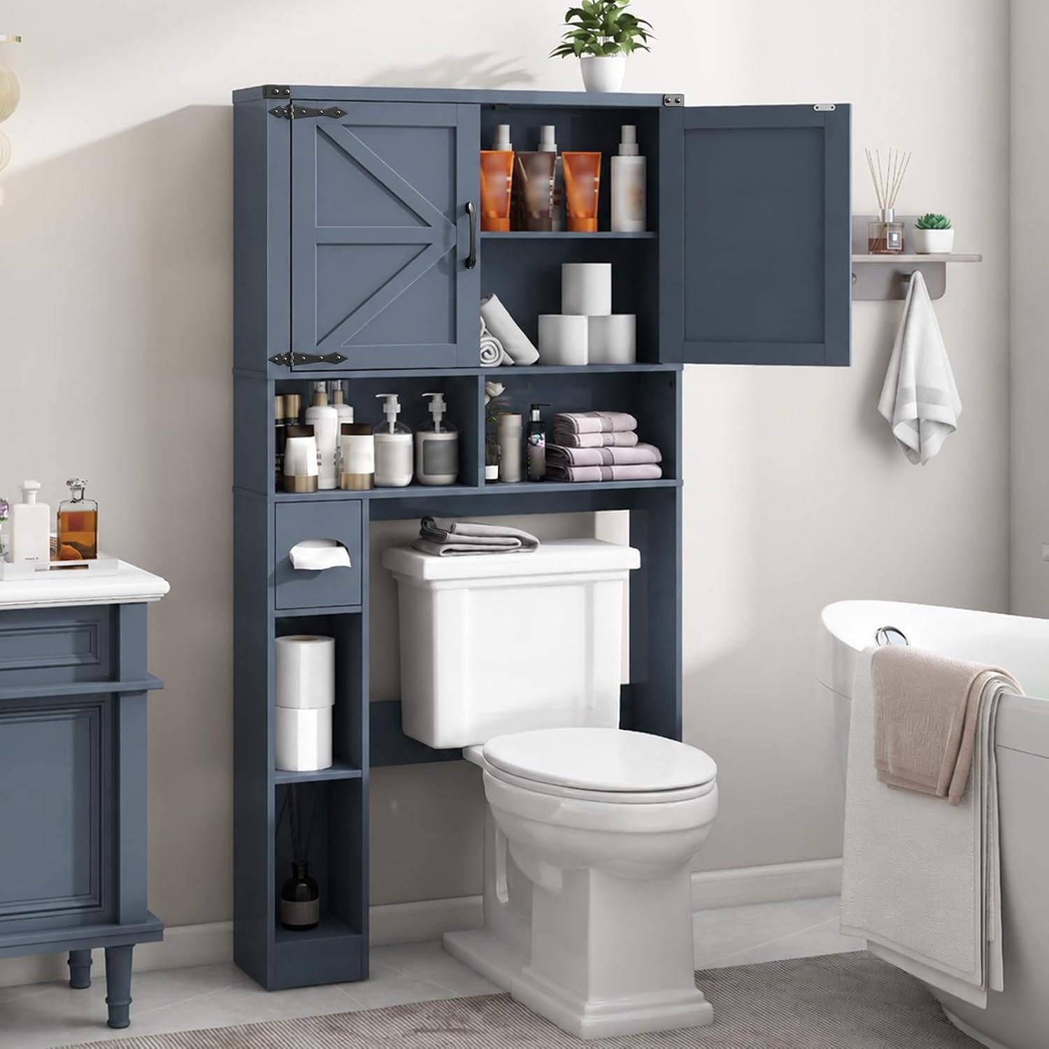 Vabches Over The Toilet Storage Cabinet, Farmhouse Storage Cabinet Over Toilet with 2 Barn Doors & Toilet Paper Holder Stand，Home Space-Saving Toilet Rack, for Laundry, Restroom, Bathroom.Blue