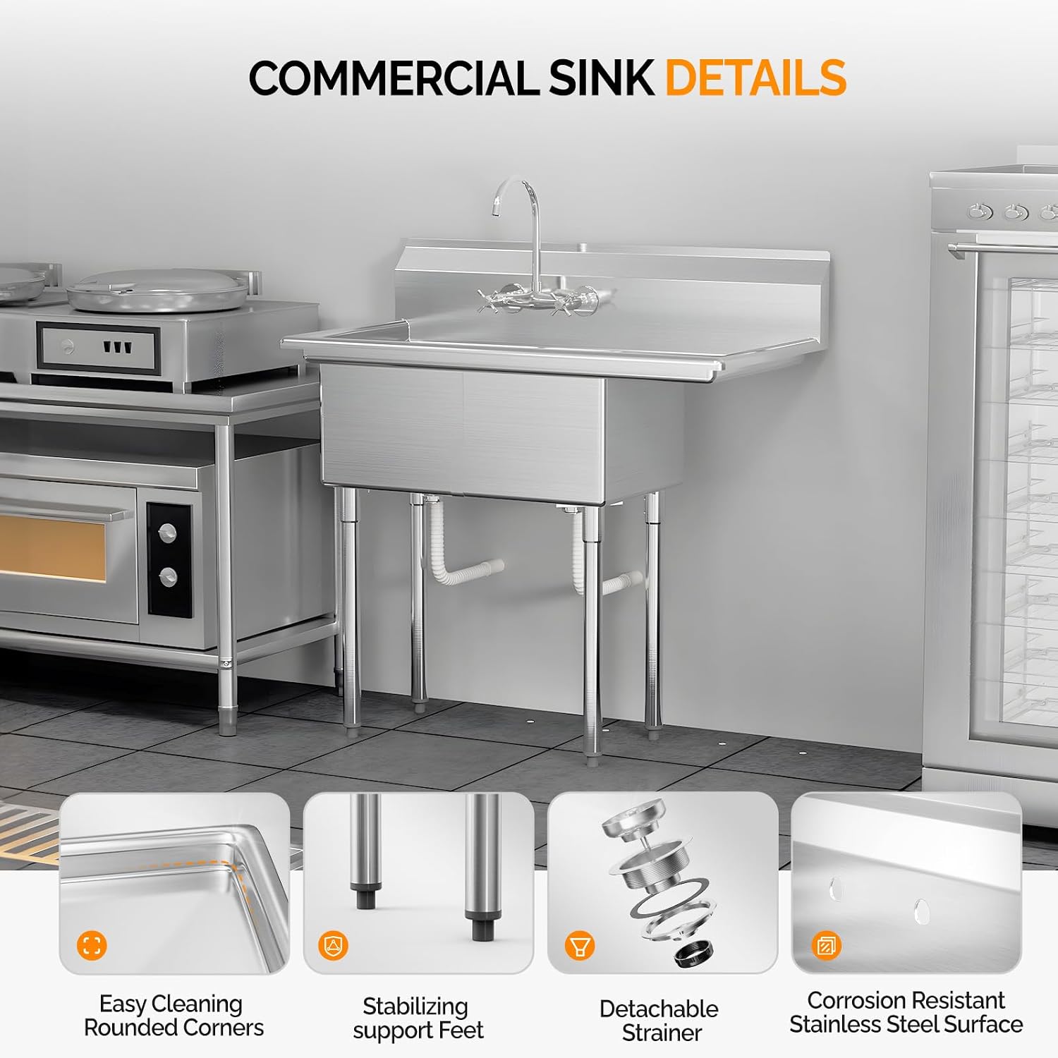 ROVSUN Commercial Sink, Stainless Steel with 3 Compartment and Right Side Drainboard, 43.9' x 20' x 43.3' Freestanding Kitchen Utility Sink, Bowl Size 10' x 14' x 10', Silver