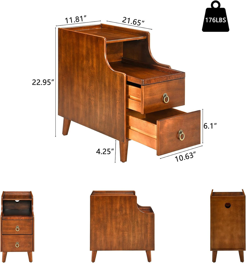 Narrow End Side Table Set of 2 with 2 Drawers and Pull-Out Tray, No-Tools Assembly Sofa Beside Table for Living Room, Slim Side Table with Wood Legs, 11.8'W x 21.6'L x 22.9'H Caramel Brown BG-A1359-MG