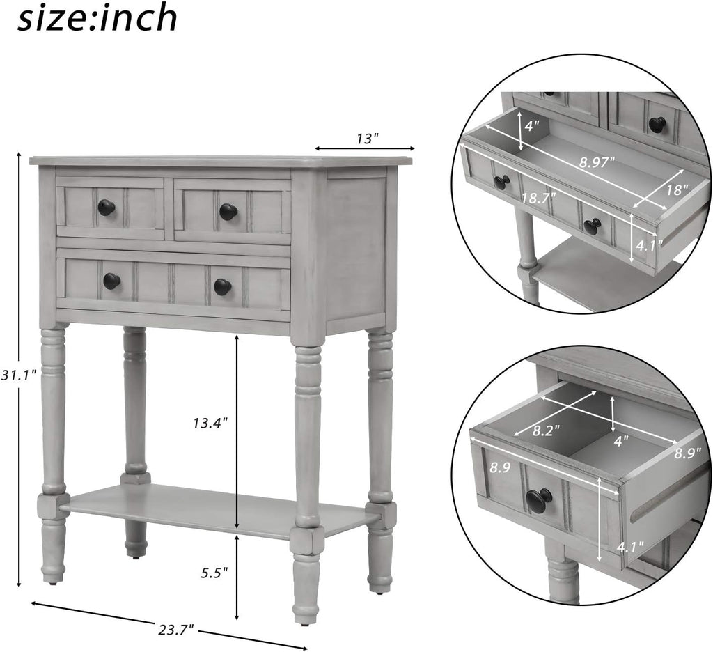 Knocbel Slim Antique Entry Console Table with Drawers & Bottom Open Shelf, Solid Wood Sofa Couch Table for Entryway Hallway Living Room (Gray Wash)