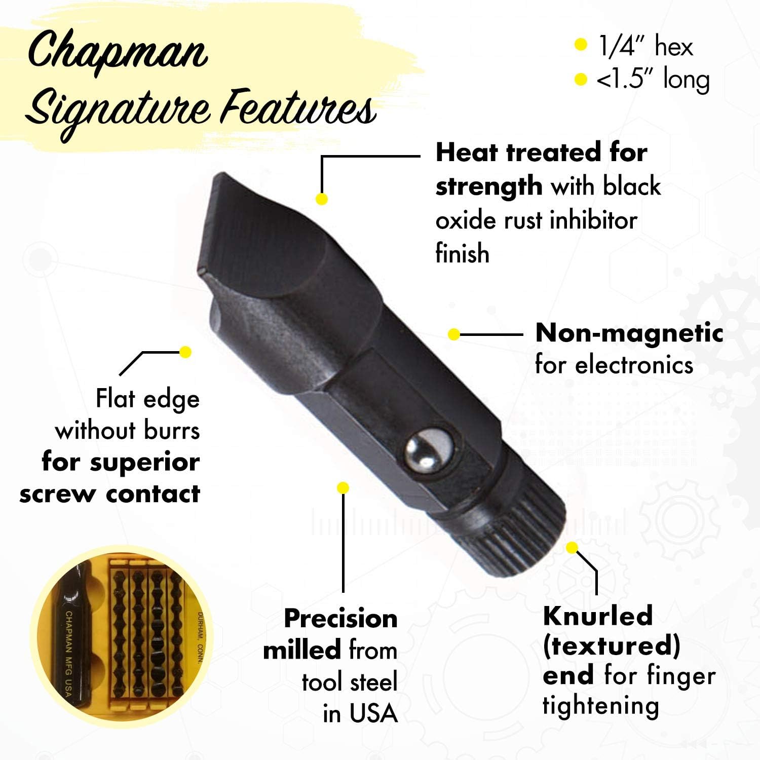 Chapman MFG 5589 Ultimate Gunsmith Screwdriver Set - Slotted, SAE Hex, Phillips, Grip Screw & Star Bits (Fit Torx Screws) - 32 USA Made Bits + Mini Ratchet, Screwdriver Handle, Spinner & Extension