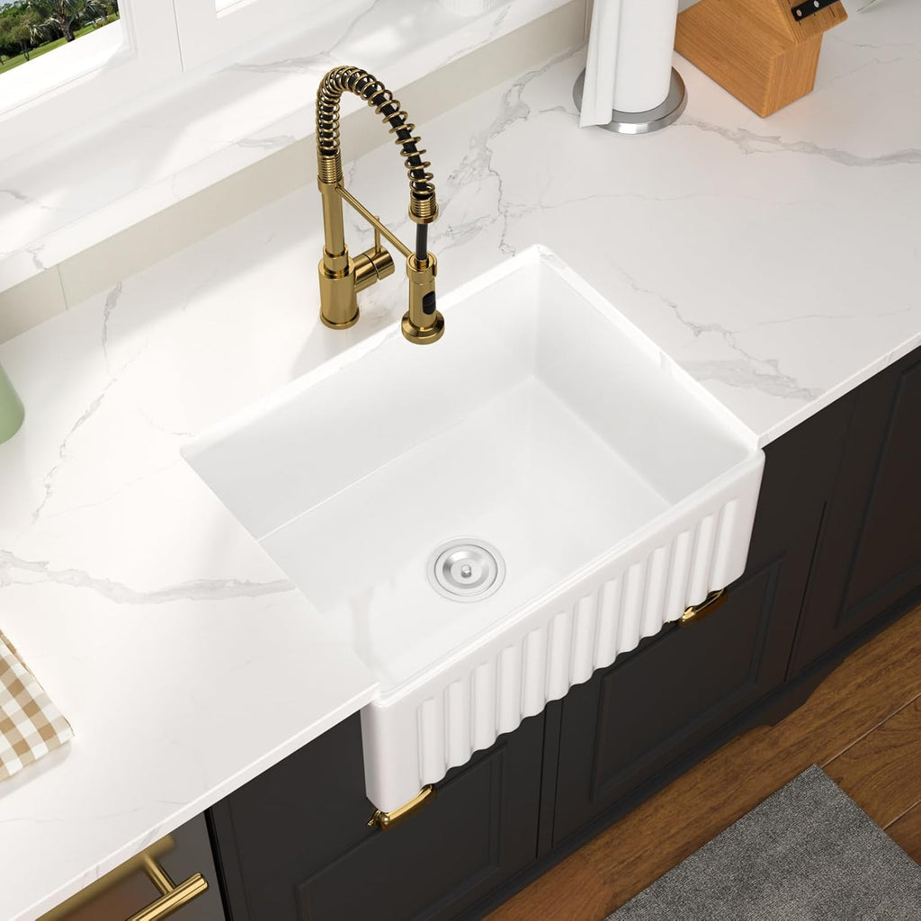 24 Inch White Farmhouse Sink - GhomeG 24 Inch White Fireclay Apron Front Kitchen Sink Single 10 Inch Deep Ceramic Farm Farmer Style Basin 24x18x10