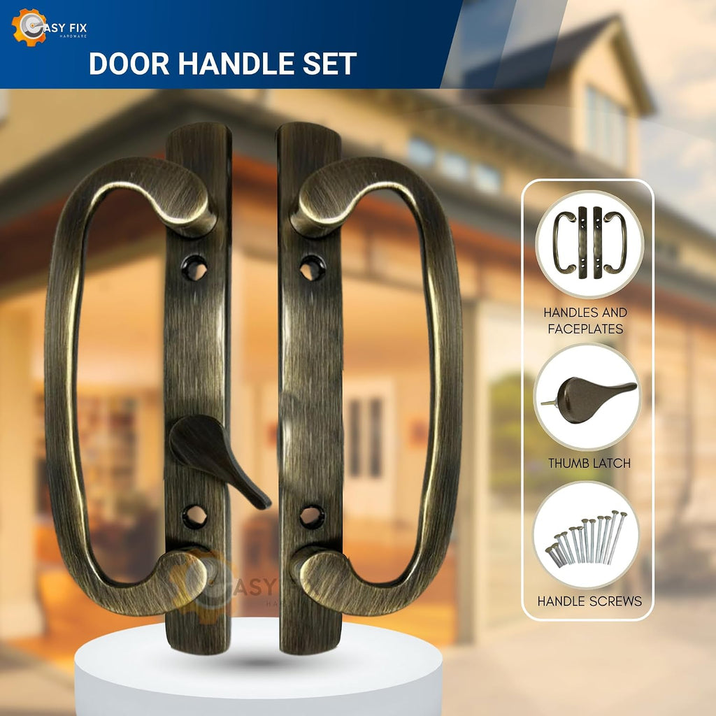 Sliding Patio Glass Door Handle Set, 3-15/16 in. Screw Spacing, Antique Brass Offset Latch Replacement, No Mortise Lock Included, Fits 1-1/4 in. to 2-1/4 in. Doors
