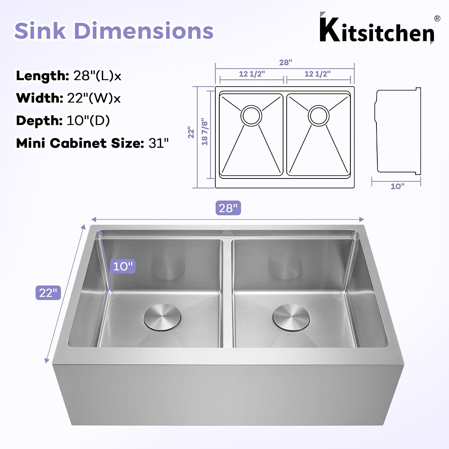Kitsitchen Double Bowl Farmhouse Kitchen Sink, 16 Gauge 304S Stainless Steel Farm Sinks, 50/50 Design 10 Inch Deep Workstation Sinks with Accessories（28'X 22' x 10' ，Stainless Steel Color）