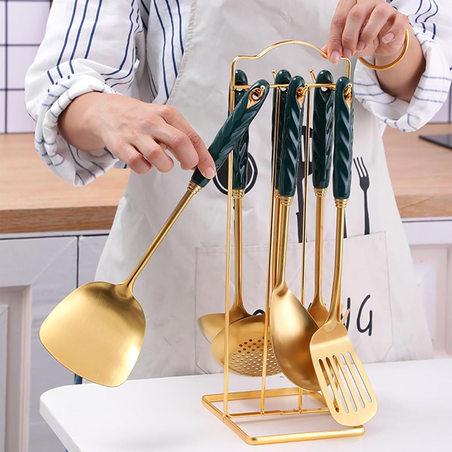 7 Pieces Ceramic Handle Stainless Steel Kitchenware Cooking Utensils Kitchen Utensils Set with Holder Include Slotted Spoon Slotted Spatula Large Spoon Soup L,Pink-One Size