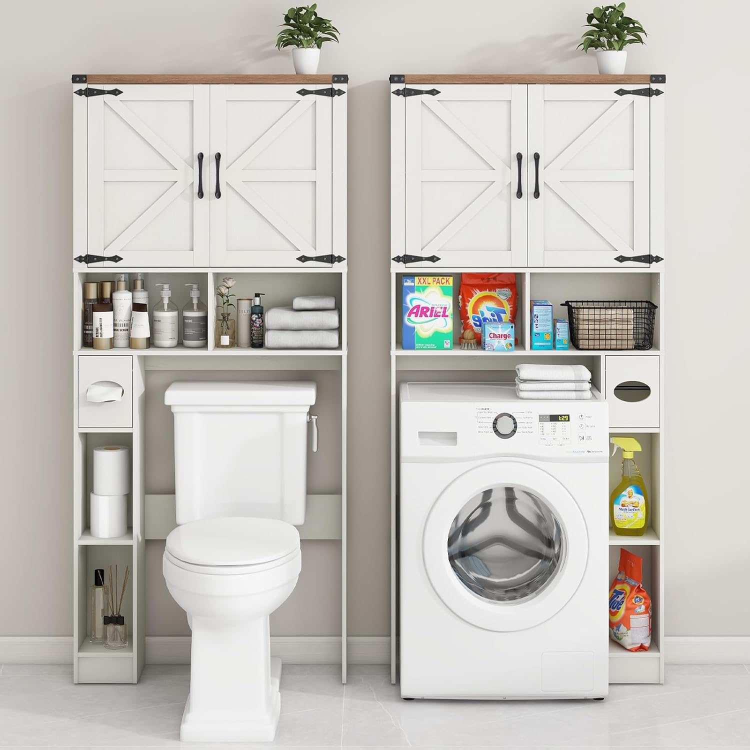 Vabches Over The Toilet Storage Cabinet, Farmhouse Storage Cabinet Over Toilet with 2 Barn Doors && Toilet Paper Holder Stand，Home Space-Saving Toilet Rack, for Laundry, Restroom, Bathroom
