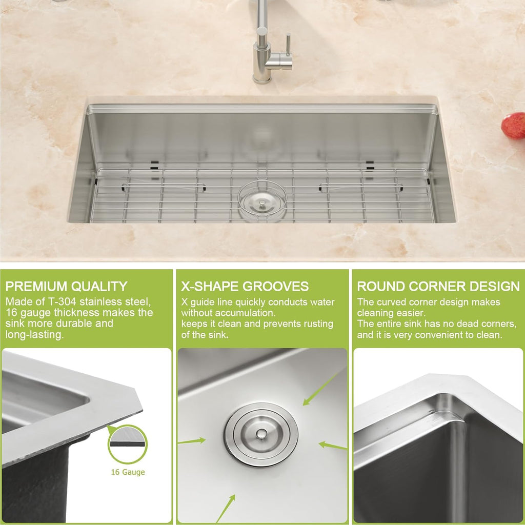 33x19 Undermount Kitchen Sink- 33 Inch Workstation Sinks 304 16 Gauge Stainless Steel Single Bowl 9' Deep Basin 33x19x9