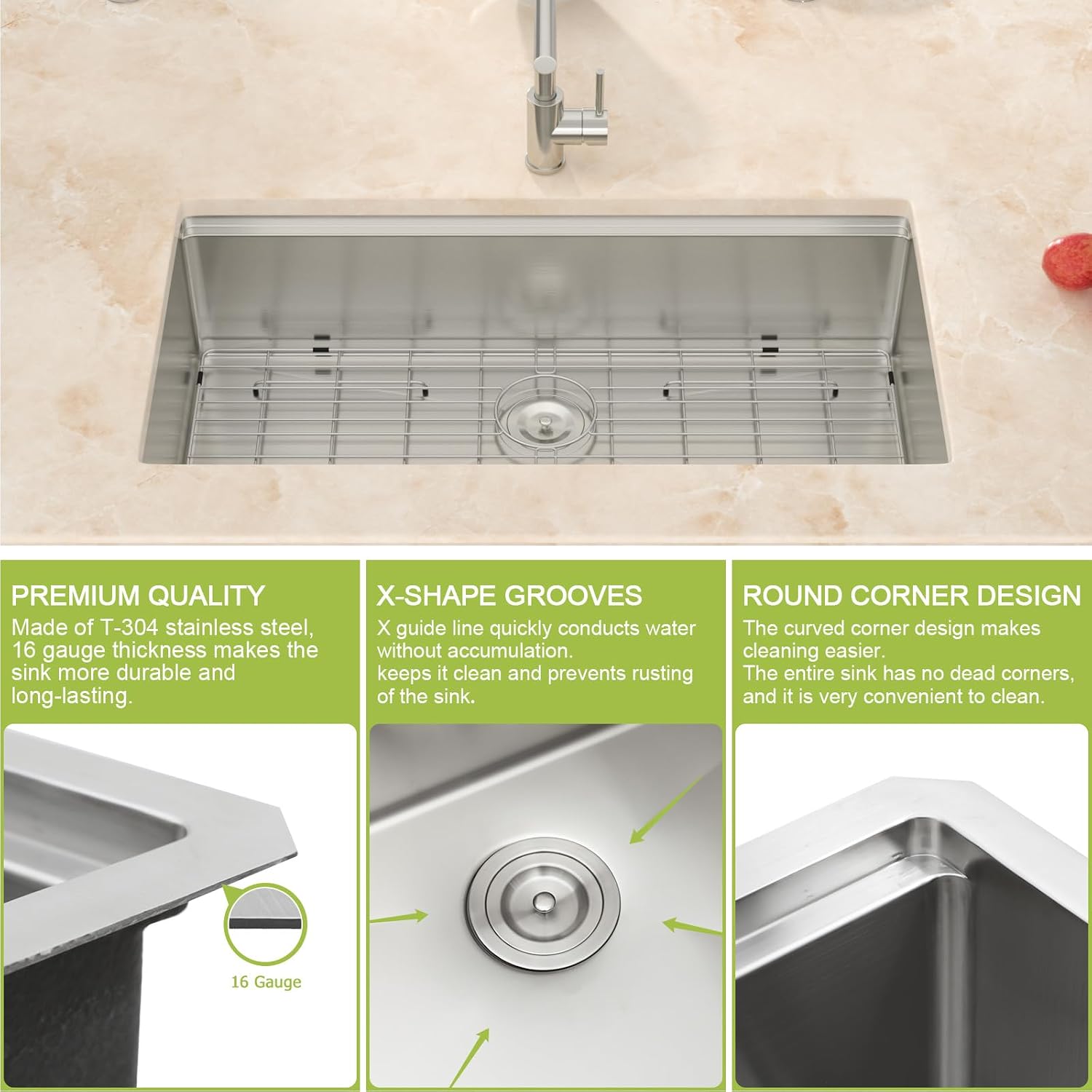 33x19 Undermount Kitchen Sink- 33 Inch Workstation Sinks 304 16 Gauge Stainless Steel Single Bowl 9' Deep Basin 33x19x9