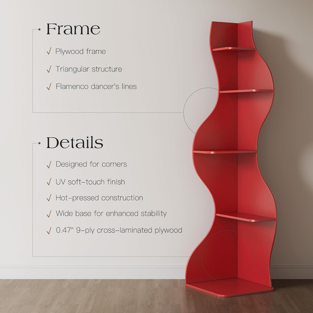 YOWOS 69.4' 5-Tier Modern Corner Bookshelf – Wavy Wooden Display Shelf with Storage, Narrow Corner Bookcase for Small Spaces, Ideal for Plants, Books & Decor (Red)