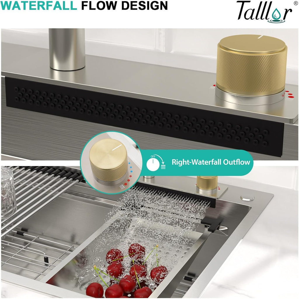 33x22 Drop In Stainless Steel Kitchen Sink with Faucet, Single Bowl Topmount Sink 16 Gauge, Waterfall Feature & Cup Washer, Workstation Accessories for Residential Kitchen #TLWF-0002