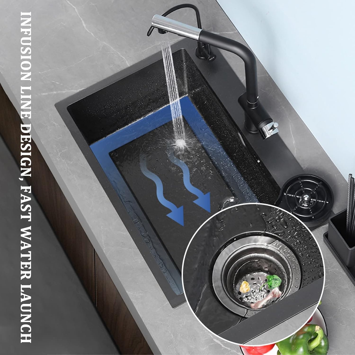 Single Bowl Kitchen Sink 304 Stainless Steel Bar Sink RV Sink with Faucet and Cup Washer Top Mount Or Undermount (Color : Black, Size : 72x46x23cm) (Black 68x46x23cm)