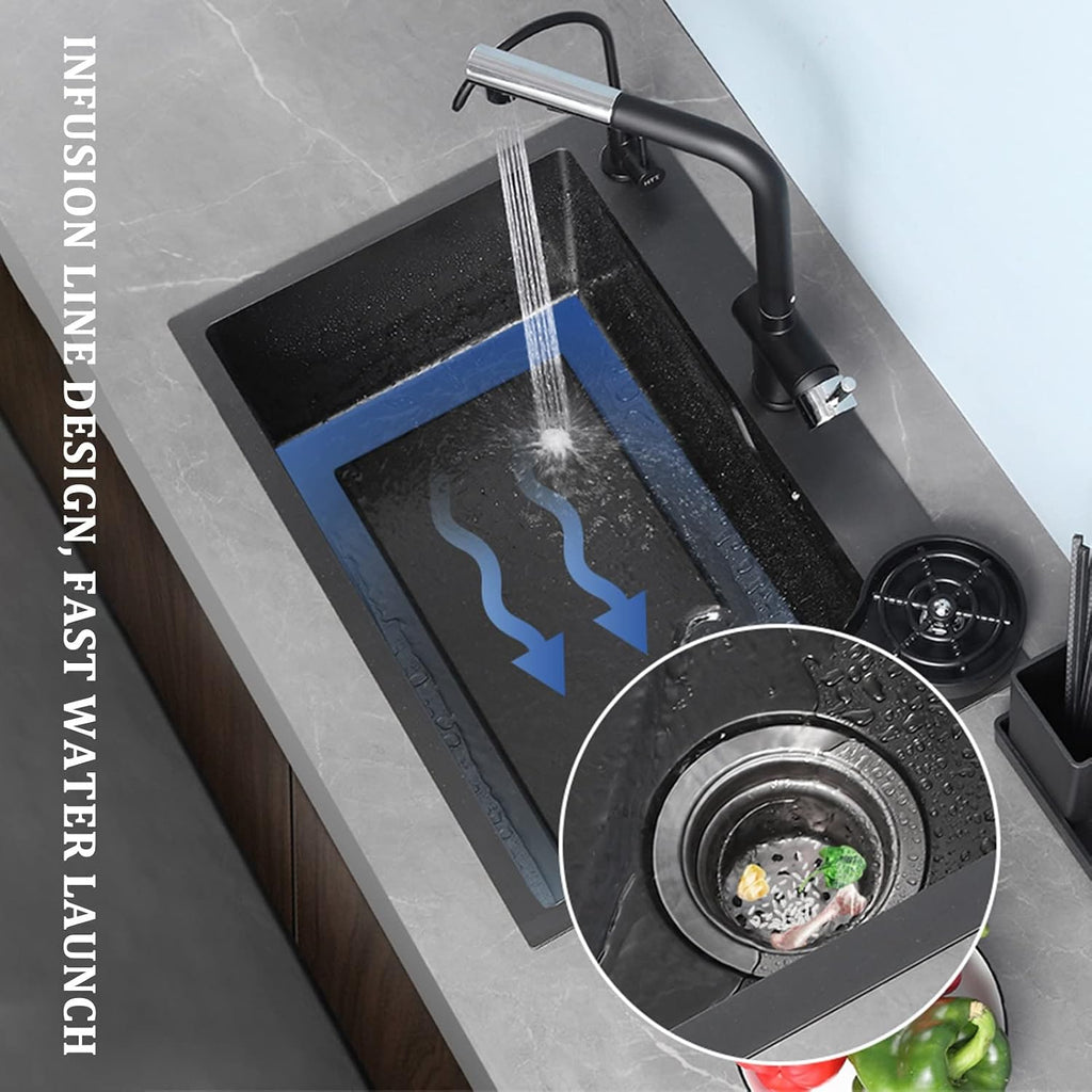 Single Bowl Kitchen Sink 304 Stainless Steel Bar Sink RV Sink with Faucet and Cup Washer Top Mount Or Undermount (Color : Black, Size : 72x46x23cm) (Black 65x46x23cm)